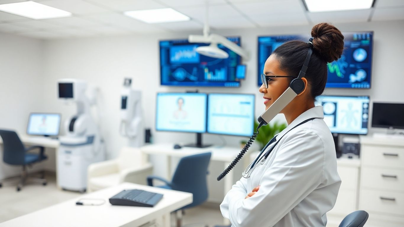 Healthcare worker answering phone in modern clinic office