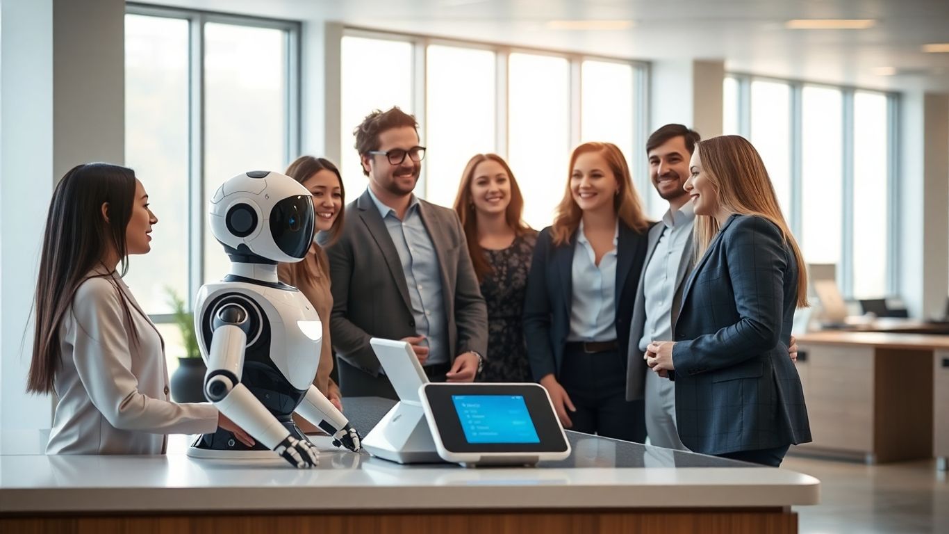 AI robot assisting team in a modern office