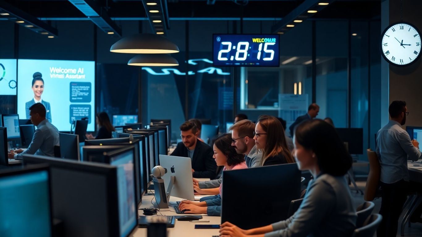 AI assistant helping customers in a modern office at night