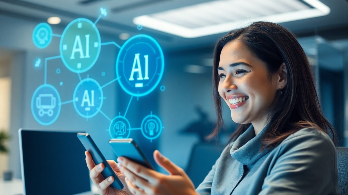Customer using smartphone with futuristic AI holograms