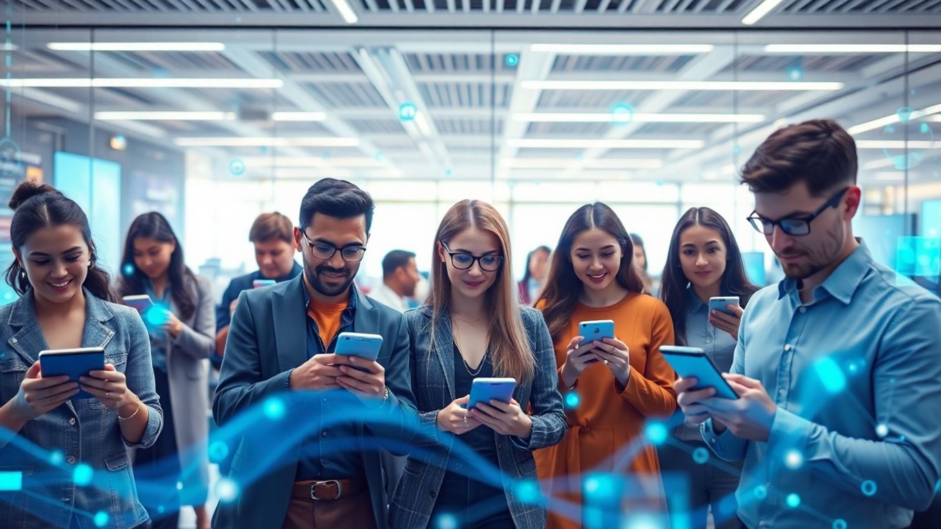 People using smartphones with digital waves and holographic screens