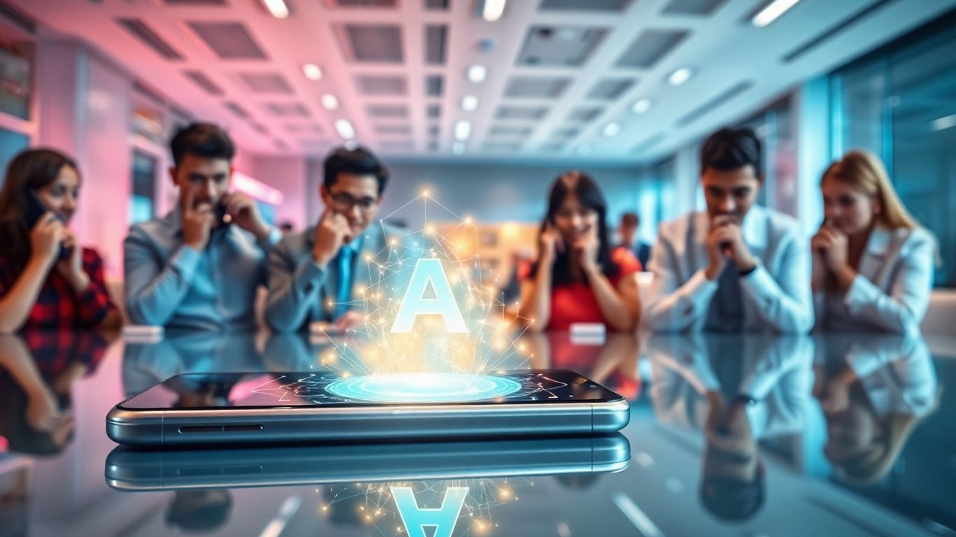 AI hologram emerging from smartphone in futuristic office