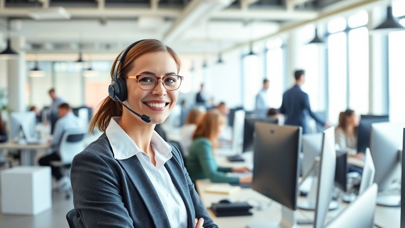 Sales professional on call in modern office environment