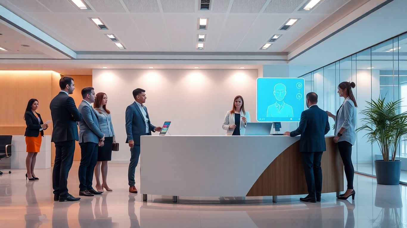 AI virtual receptionist hologram in modern office