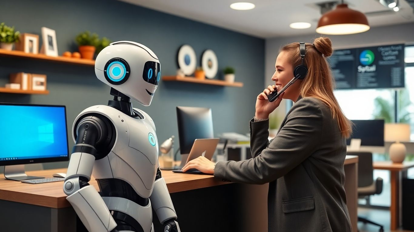AI robot receptionist assisting a phone customer in office