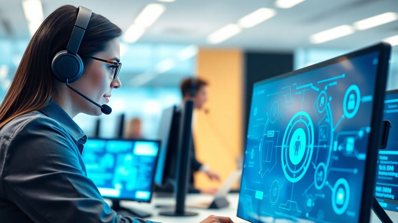 AI-powered call center agent at computer in modern office
