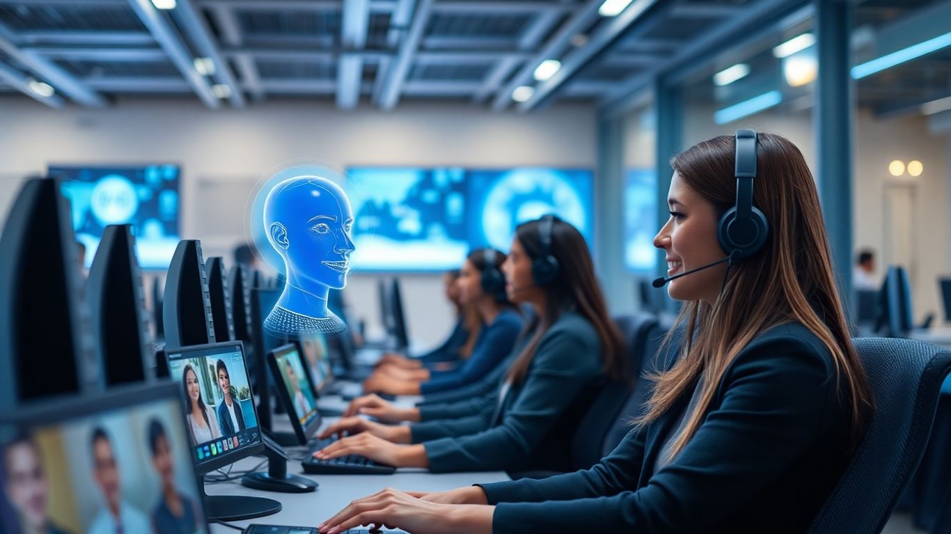 Futuristic AI-powered call center with engaged agents