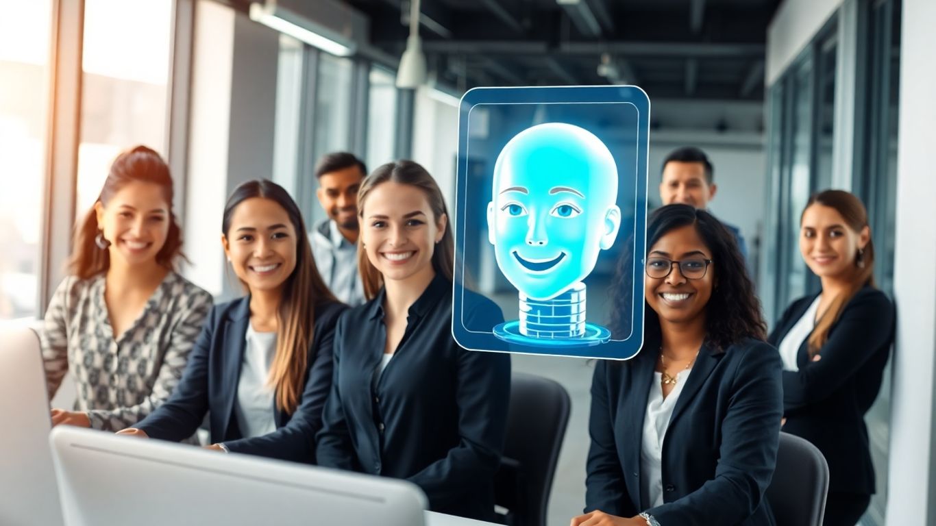AI hologram assisting diverse support team in office