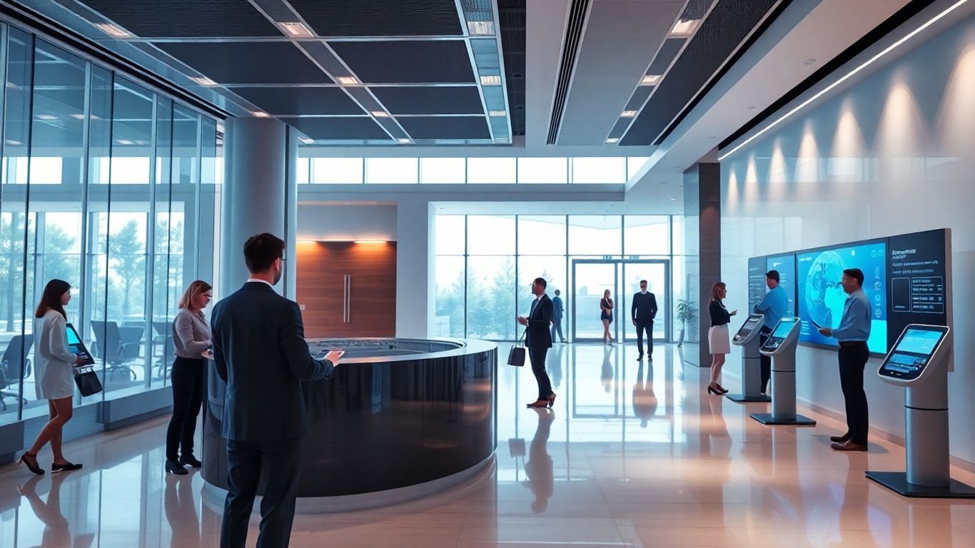 AI hologram receptionist greets clients in modern office lobby