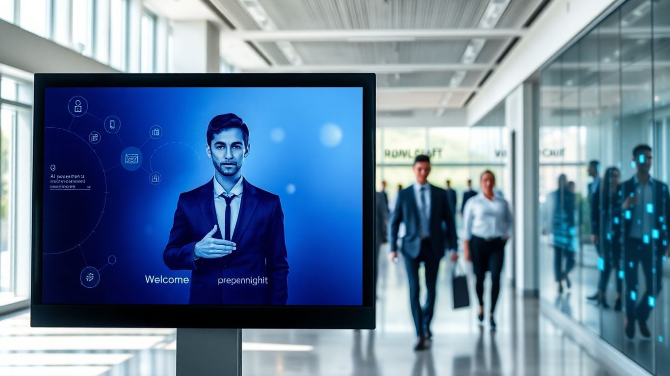 AI virtual receptionist greets people in modern office