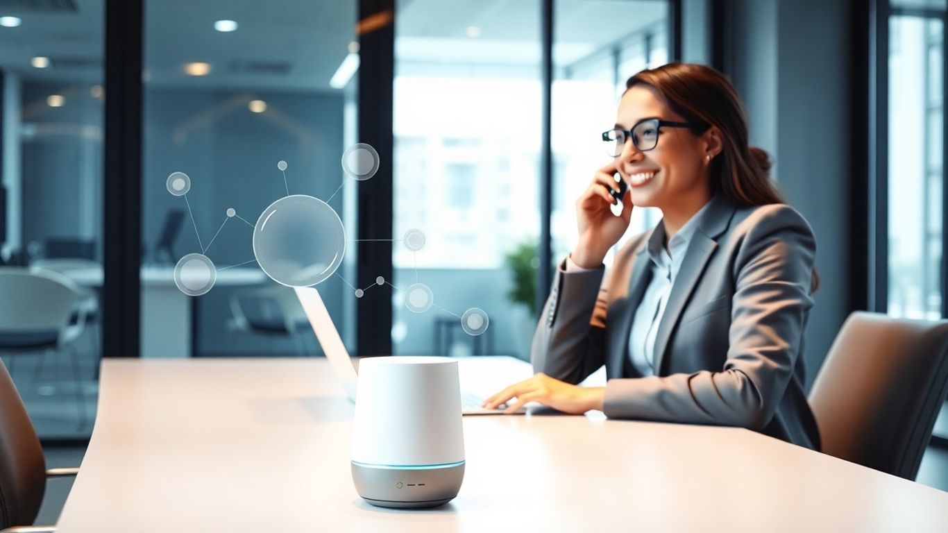 AI phone assistant on office desk, business call