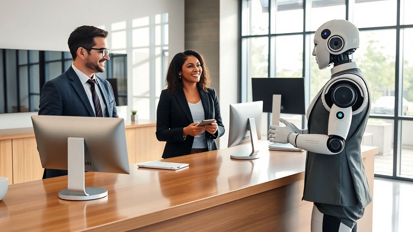 AI robot receptionist greeting business professionals in office
