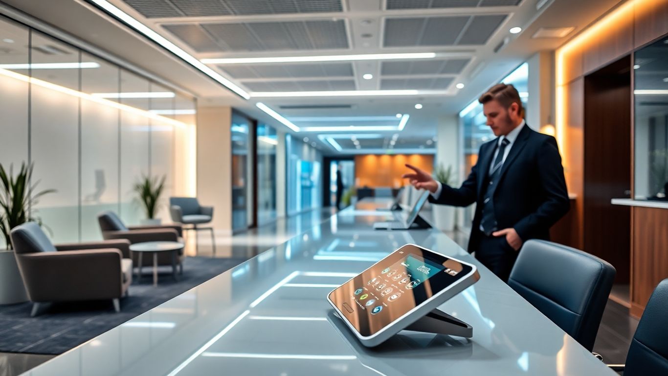 Office reception desk with advanced AI-powered phone system.