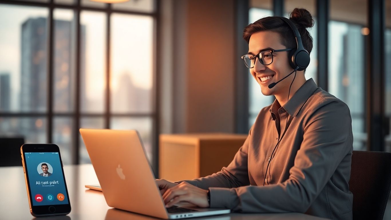 Real estate agent taking AI phone call in office