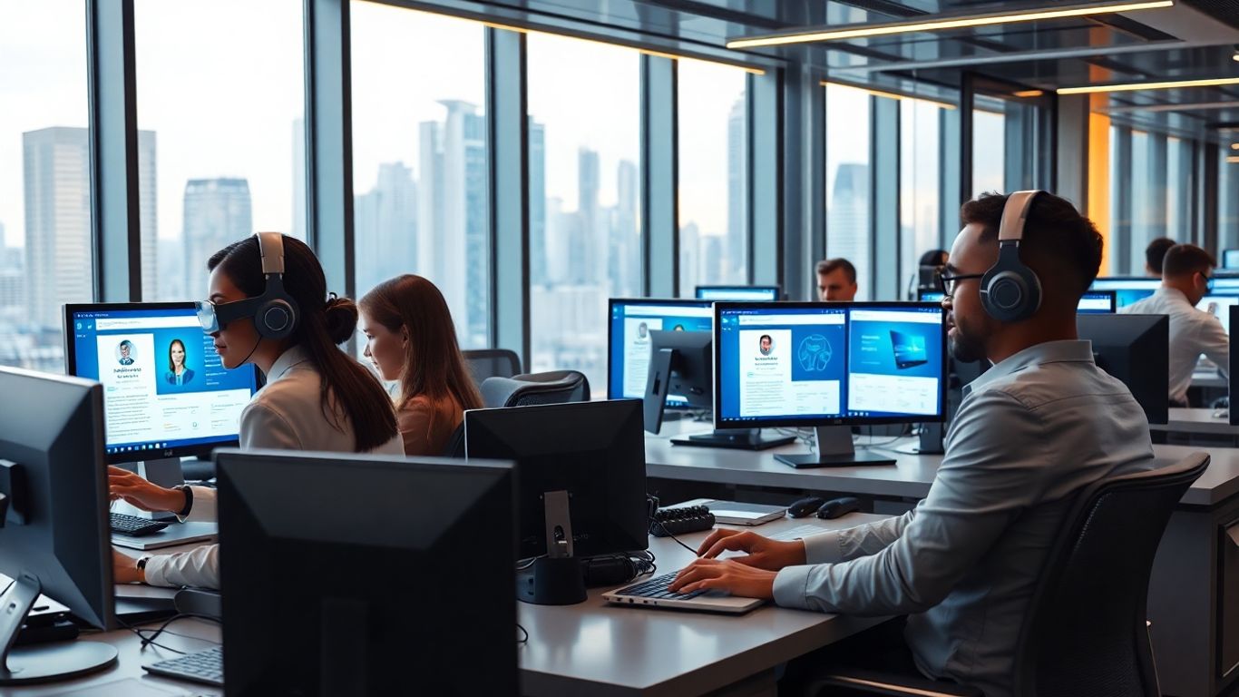 Real estate agents using AI headsets in modern office