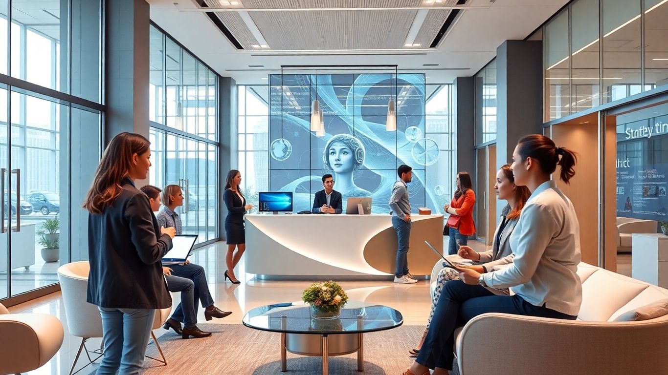 AI hologram receptionist greeting customers in modern office lobby