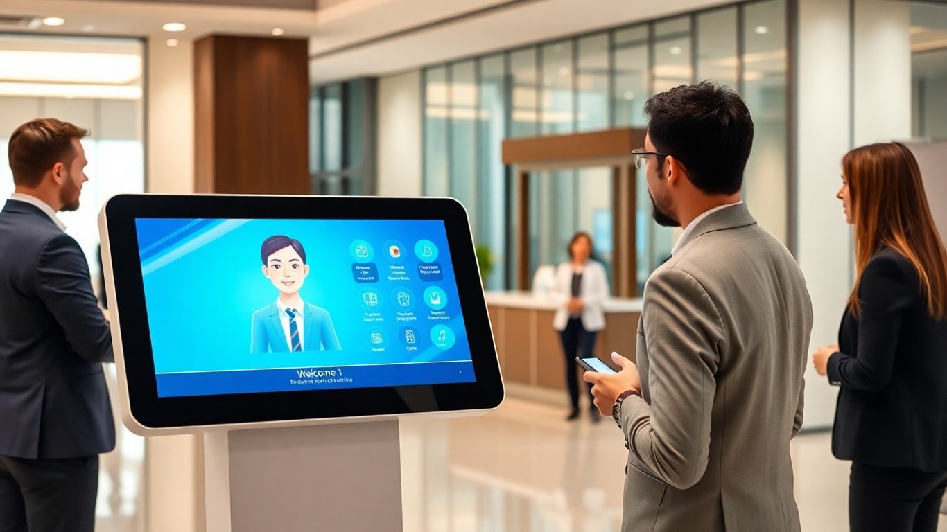 AI virtual receptionist greeting office visitors in lobby
