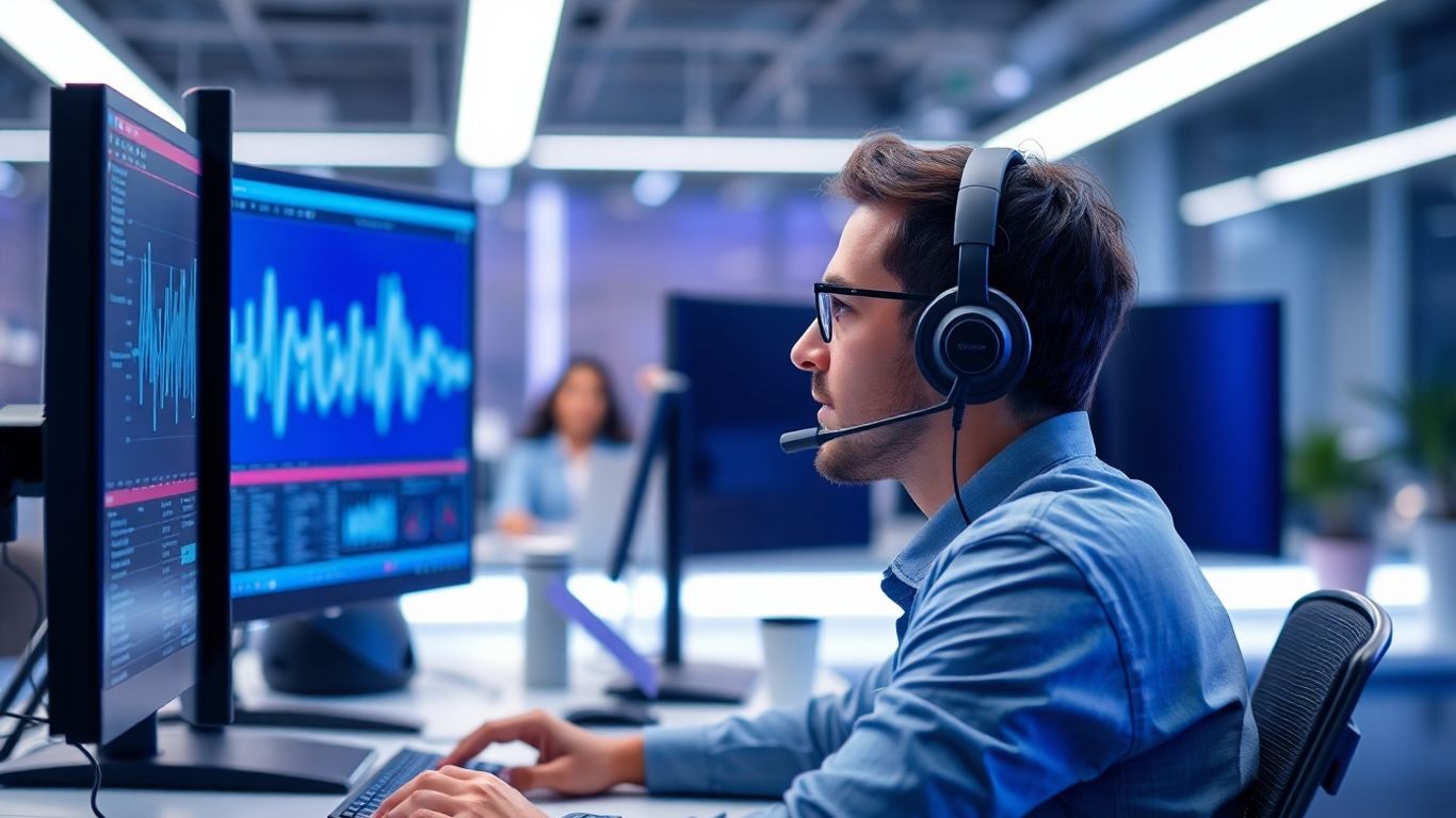 Developer using AI-powered voice call technology at desk