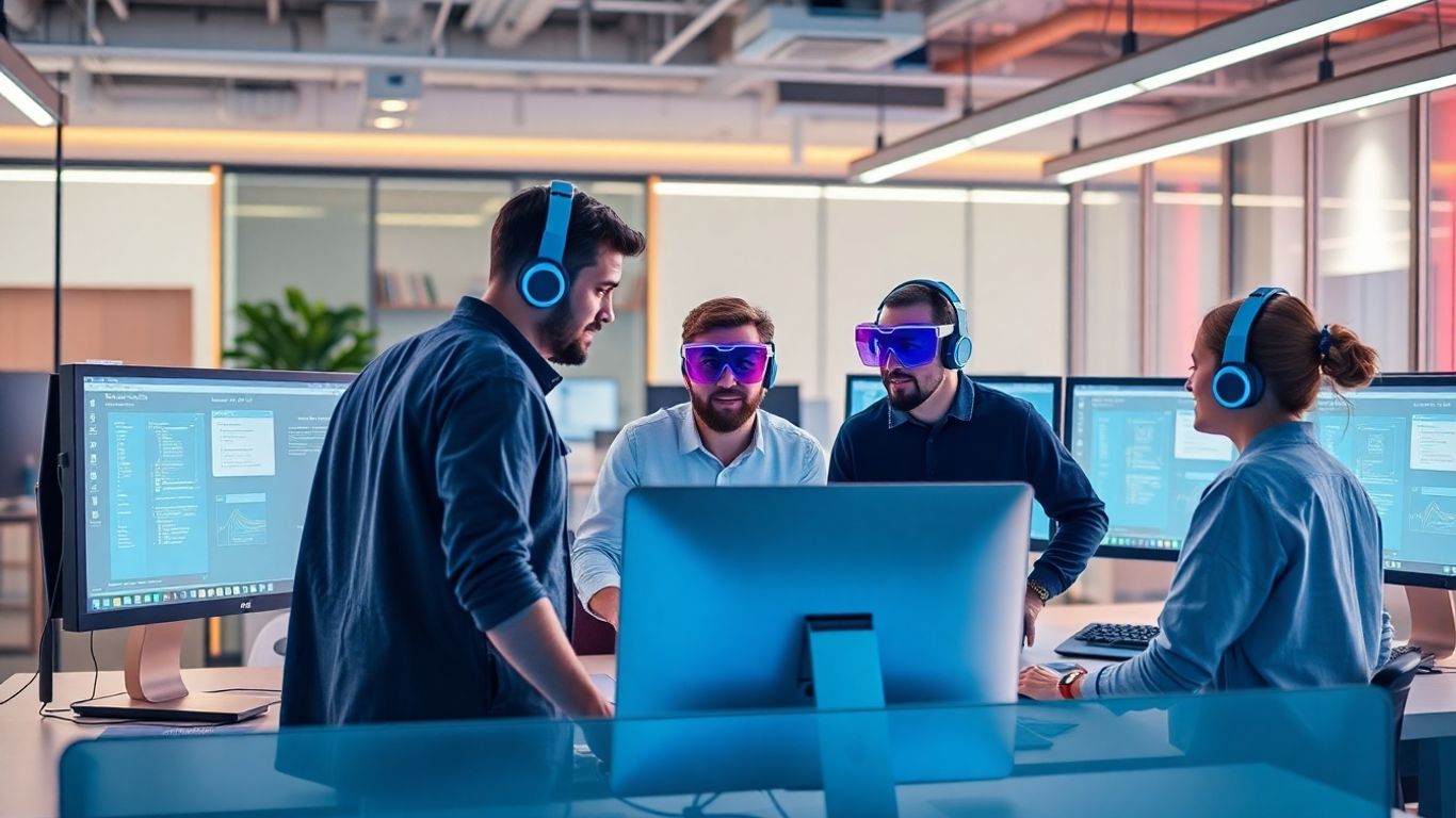 Developers using AI voice technology in modern office