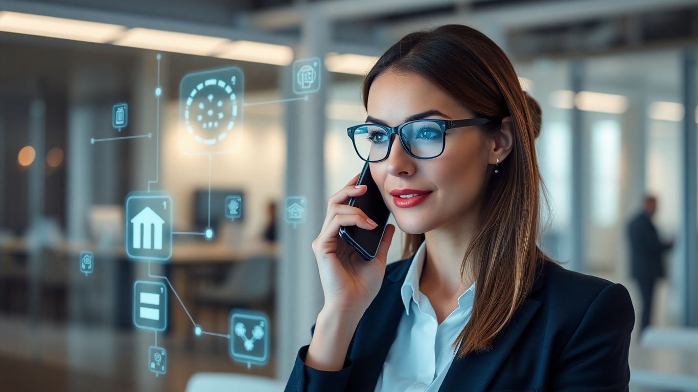 Businesswoman using AI phone call technology in office