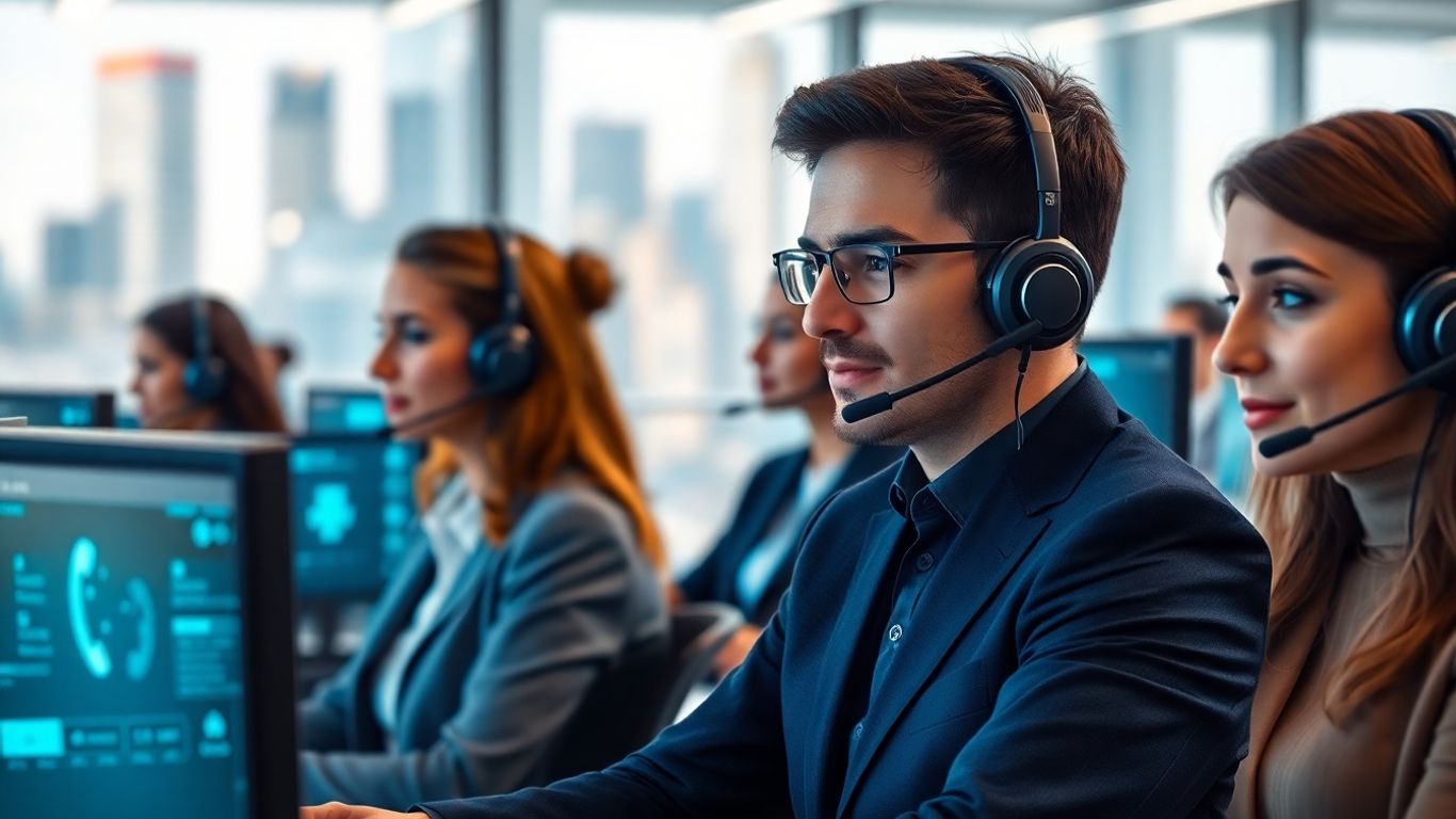 AI call center agents with headsets in a modern office.