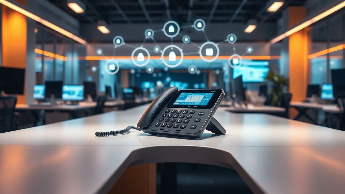 AI-powered phone at futuristic business call center desk