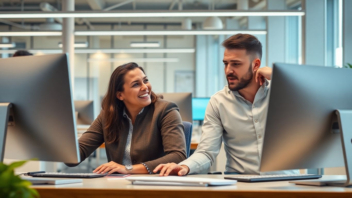 Two office workers comparing computer speeds in modern workspace