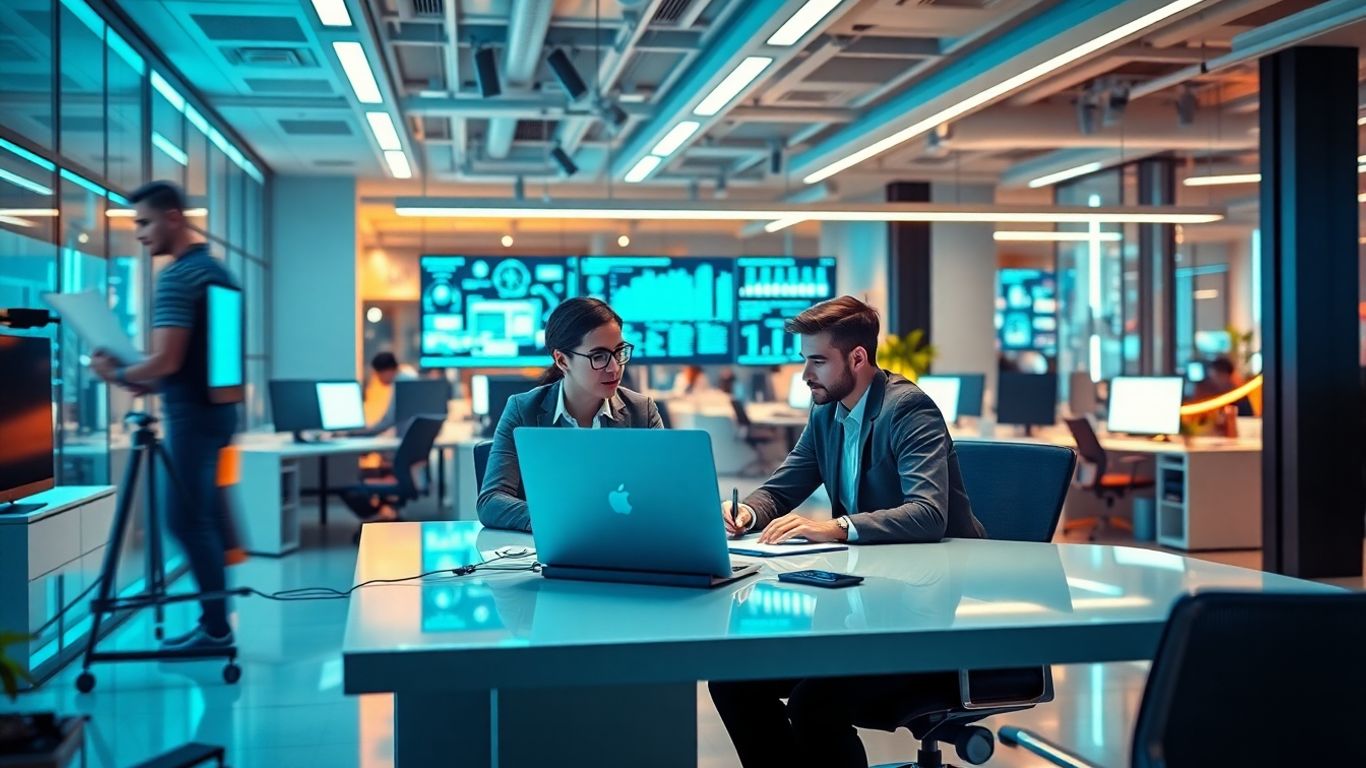 Two professionals in a modern office using advanced technology