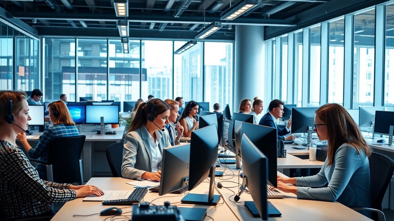 Busy call center with multiple people on headsets