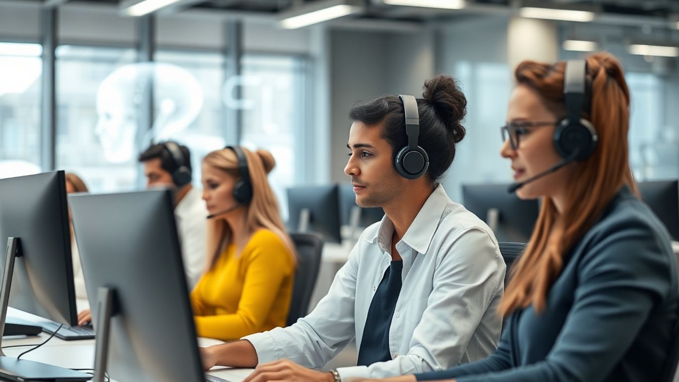 Team with AI assistants improving customer experience in office.