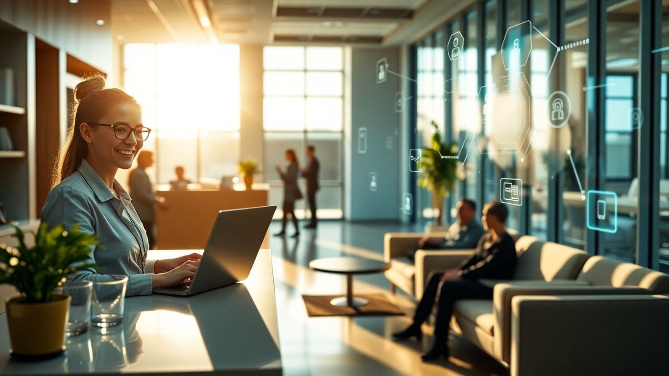 Receptionist using AI booking in modern office lobby.