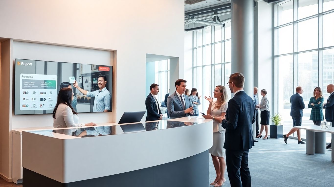 Business professionals at a modern digital front desk