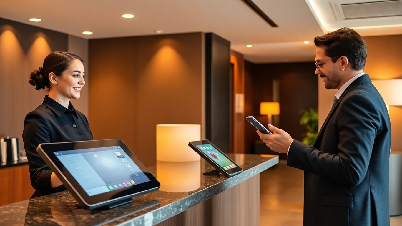 Modern hotel reception with digital check-in and happy guest