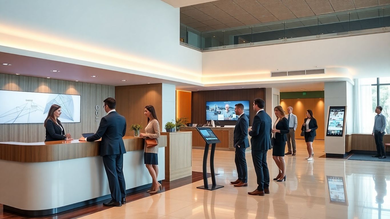 Modern hotel front desk with digital kiosks and staff