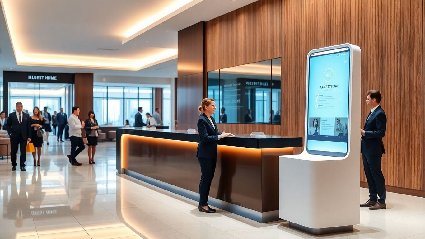 Modern hotel front desk with futuristic AI kiosk