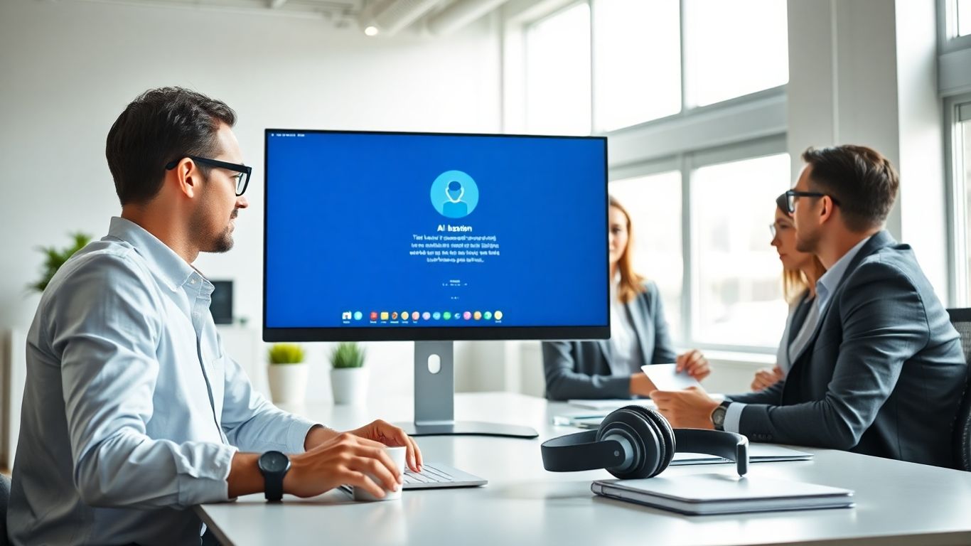Modern office with AI assistant and people collaborating