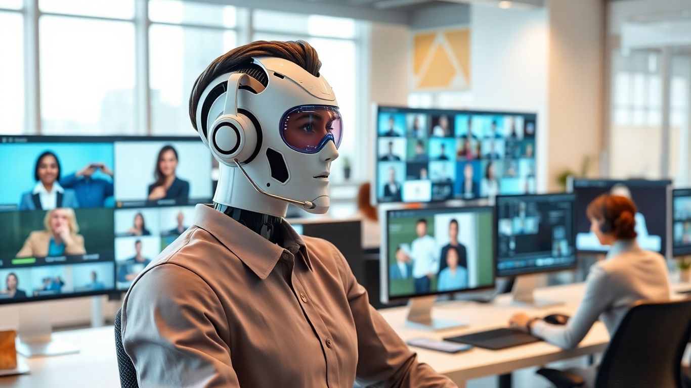 Futuristic virtual call agent assisting customers in modern office