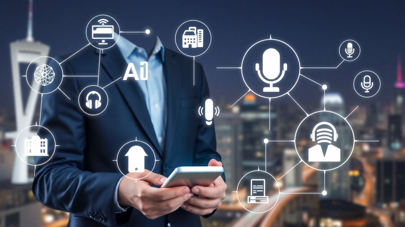 Person using smartphone with AI and call icons