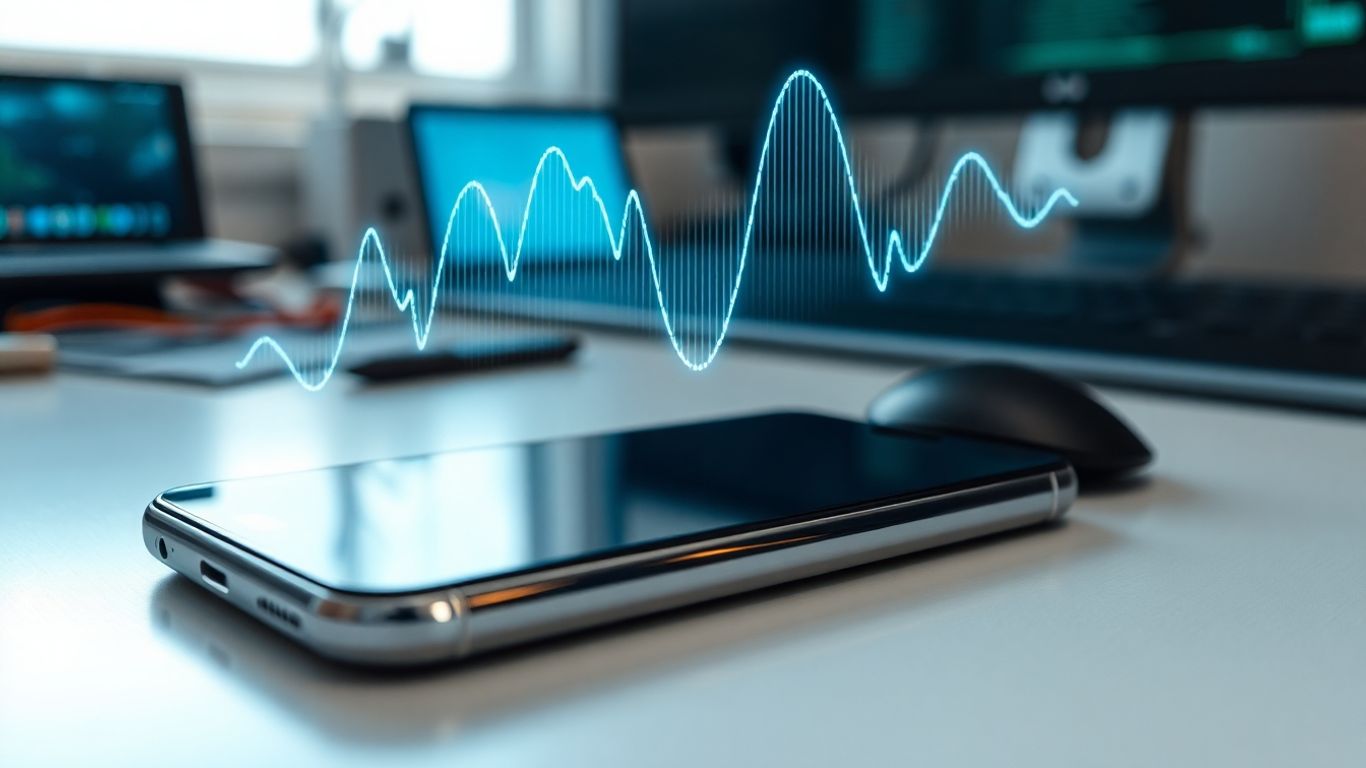 Modern smartphone with digital voice waveform overlay