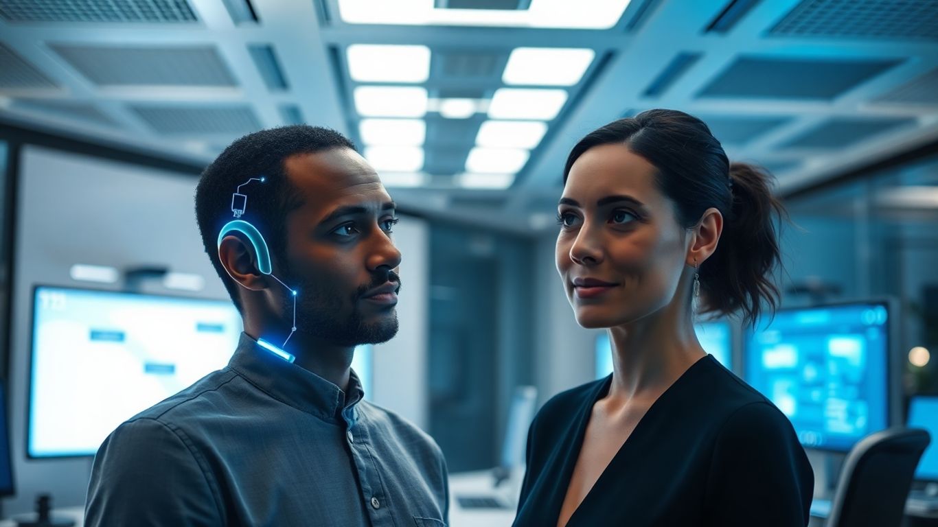 Person using futuristic AI device in a modern office