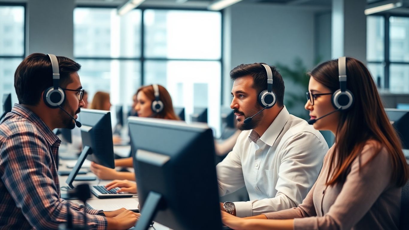 Professional call answerers working in a modern tech office