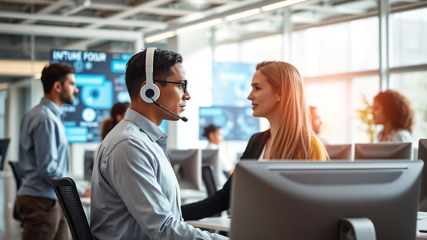 Person with headset answering call in futuristic office