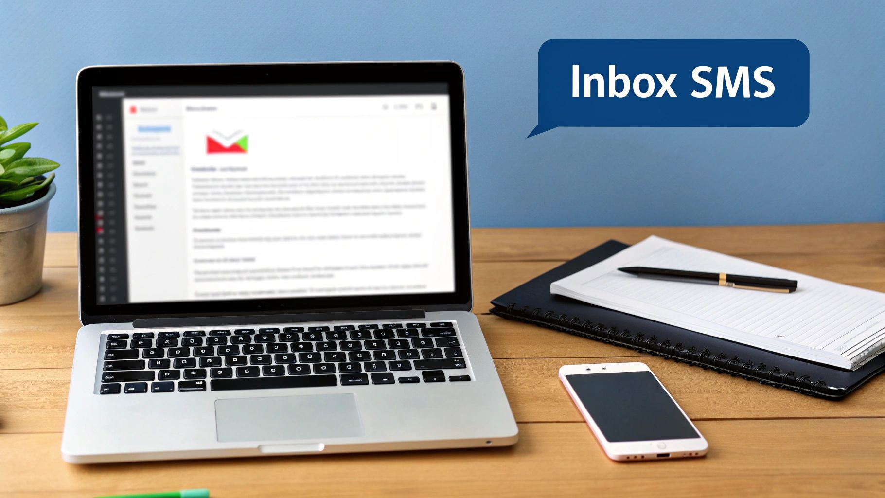 A person sending a text message from a laptop, illustrating the concept of email-to-text.