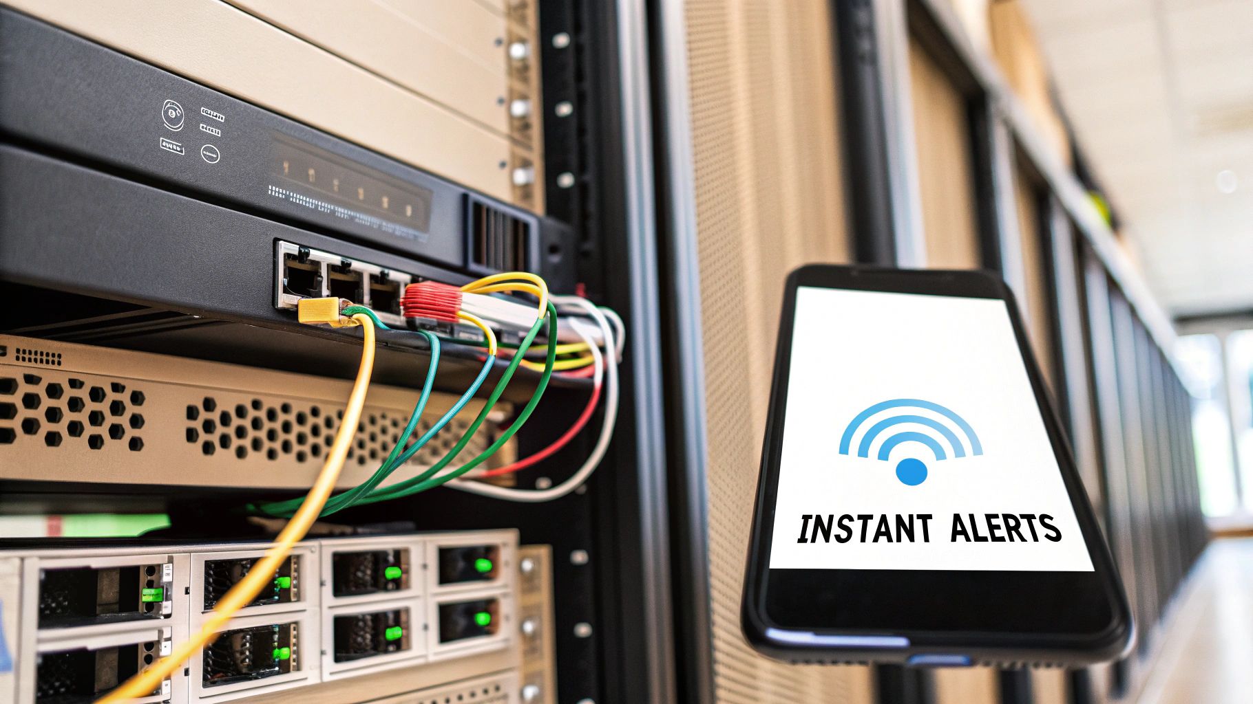 A close-up of a smartphone screen displaying a critical alert notification, with a server rack blurred in the background, symbolizing automated system monitoring.