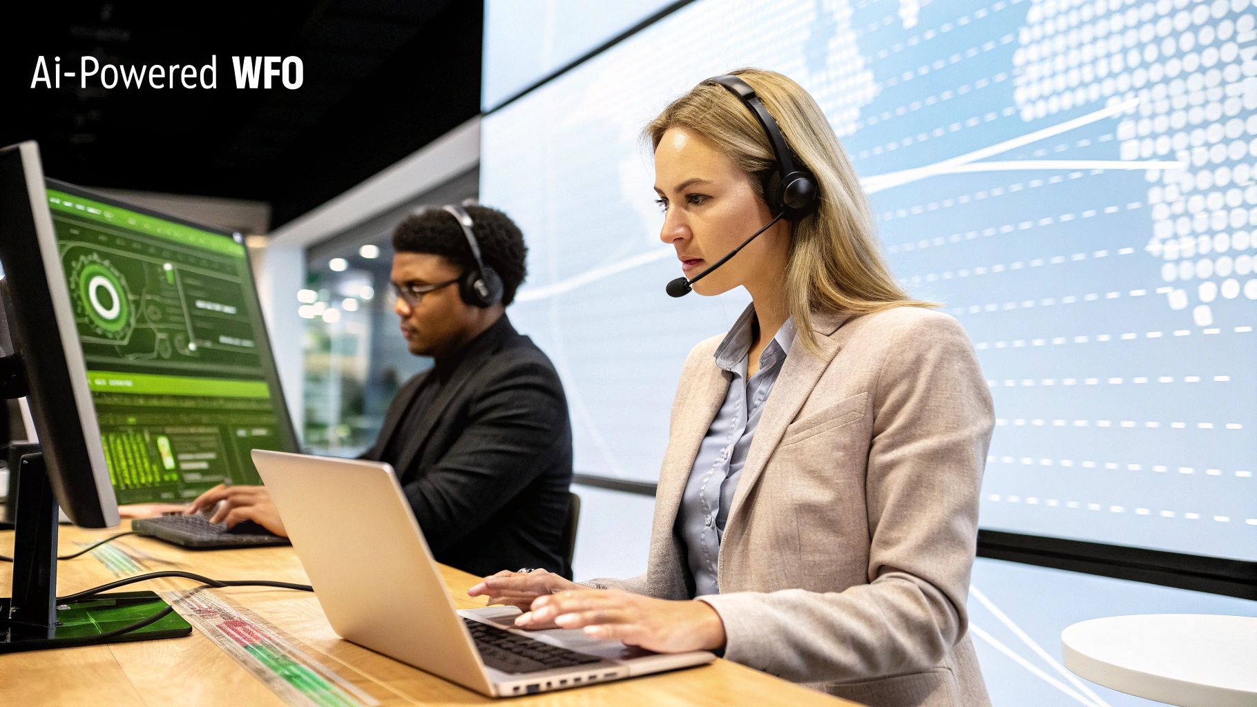 AI-powered robots and humans working together in a futuristic call center