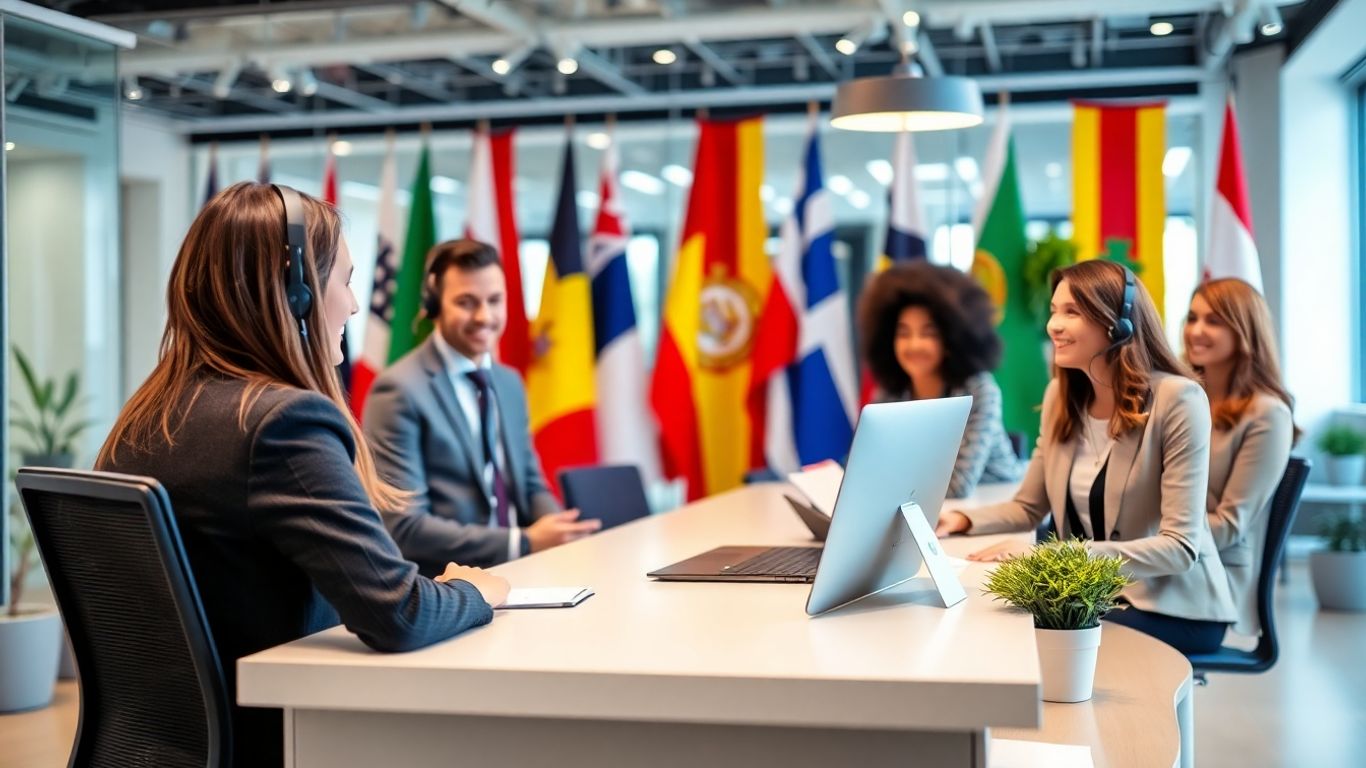 Receptionist assisting diverse business owners with language support