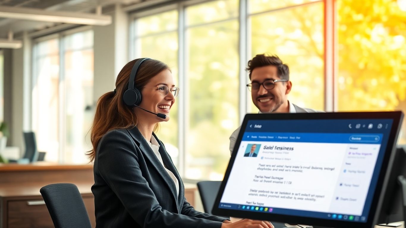 Receptionist answering call in a bright modern office