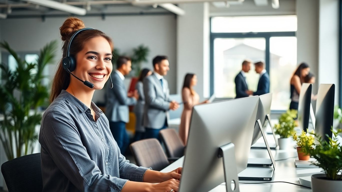 Receptionist taking calls at bright, modern office desk