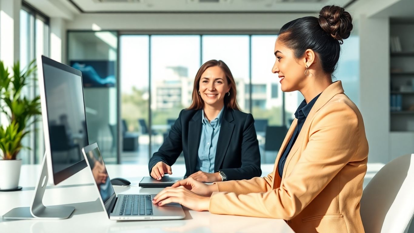 Virtual receptionist greeting client in modern sunny office