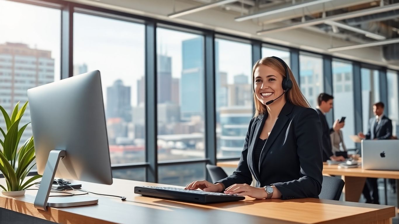 Virtual receptionist in Cincinnati office with headset and city view